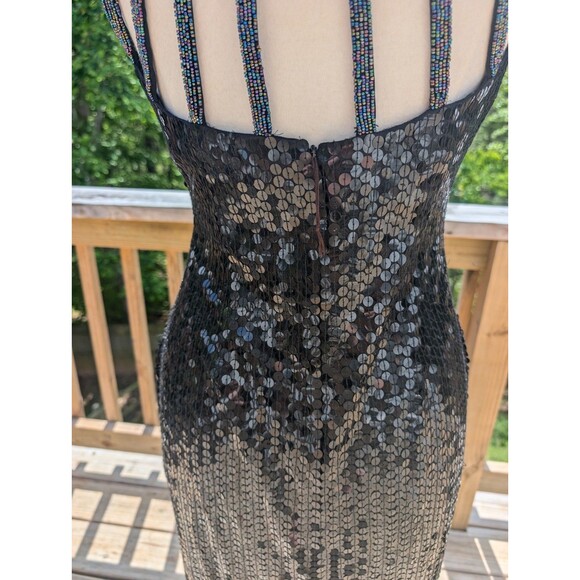 Vintage Sequined Evening Gown High Neckline Sleeveless Beaded Small 6 Black Slit - Picture 5 of 8